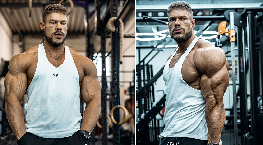 Bodybuilder Wesley Vissers performing a side tricep pose a move he believes should be eliminated from Olympia competition