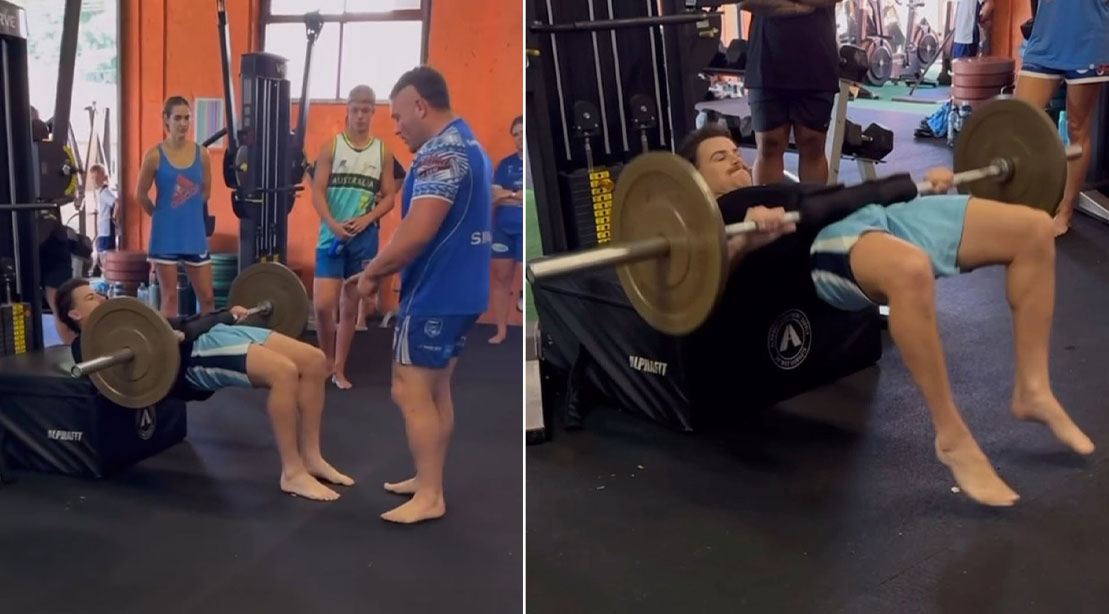 Coach Billy Coffey demonstrating his technique for the hip thrust exercise to build glute strength using isometric hold.