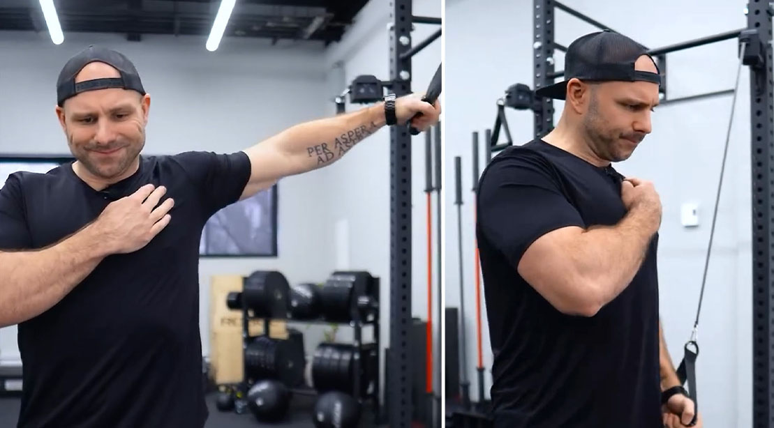 Fitness Coach Scott Bailey performing shoulder adductions to fix his nagging shoulder pain